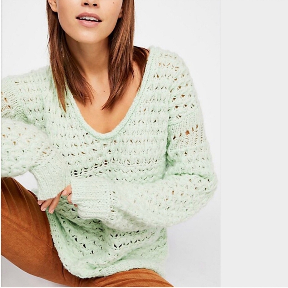 Free People Crashing Waves Open Knit Wool Blend Pullover Sweater In Mint